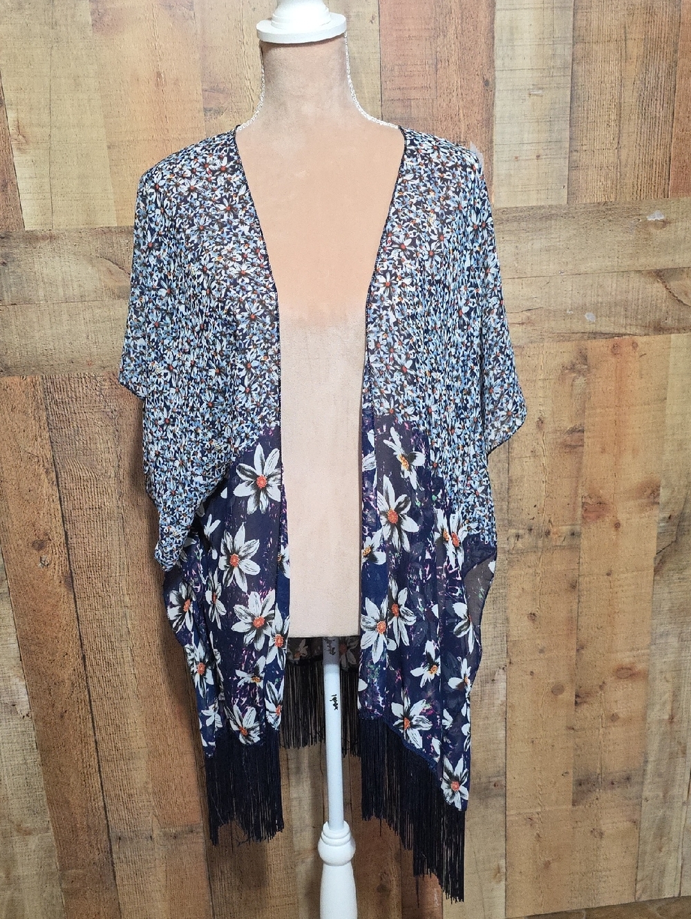 Floral Fringe Kimono Cardigan - Navy & White